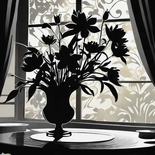 retro flower silhouette,garden silhouettes,floral silhouette frame,shadow play,bay window,leaded glass window,sunflowers in vase,sillouette,floral composition,art silhouette,wrought iron,chrysanthemum background,windowsill,rear window,flowers frame,house silhouette,flower vase,black hellebore,silhouette art,flower illustrative,Illustration,Black and White,Black and White 31