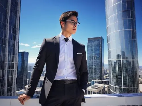 Male, bachelor, architectural engineer, 25yo, strong facial features, short black hair, glasses, white shirt, black tie, formal suit, holding blueprints, standing in front of a skyscraper, urban citys