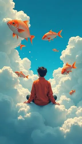 goldfish,school of fish,meditators,dreamscapes,vishishtadvaita,bird in the sky