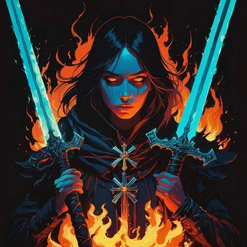 witcher,vector illustration,assassin,female warrior,vector art,katniss,katana,cg artwork,huntress,the witch,renegade,swordswoman,fiery,fire background,warrior woman,bran,fantasy warrior,dagger,fire siren,mulan,Illustration,Paper based,Paper Based 19