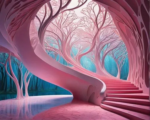 crooked forest,3d fantasy,enchanted forest,fairy forest,fractal environment,fairytale forest,forest of dreams,tree grove,cartoon forest,3d background,winding steps,fantasy landscape,fractals art,background design,forest glade,imaginationland,elven forest,wonderlands,mushroom landscape,forest path,Illustration,Retro,Retro 08