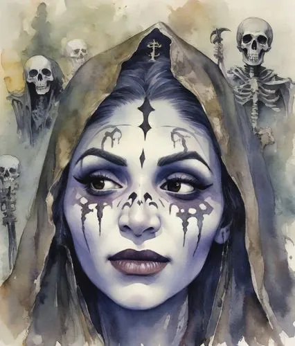 voodoo woman,la calavera catrina,days of the dead,catrina calavera,seven sorrows,catrina,gothic portrait,day of the dead,la catrina,skull bones,priestess,zodiac sign libra,watercolor painting,day of the dead icons,day of the dead skeleton,kali,calavera,skulls,vampira,skull and cross bones,Digital Art,Watercolor