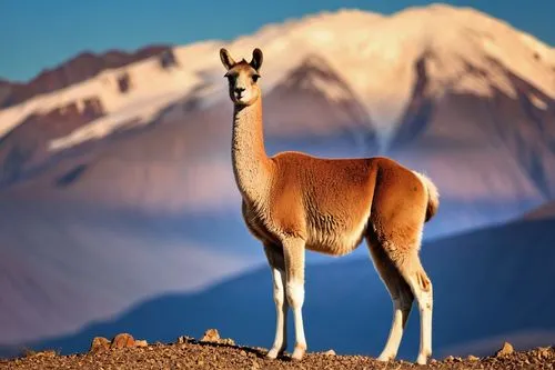 Guanaco, South American camelid, standing, majestic, Andes mountain range, Chile, rugged terrain, dry landscape, brown fur, soft texture, long neck, alert ears, gentle eyes, subtle expression, warm su