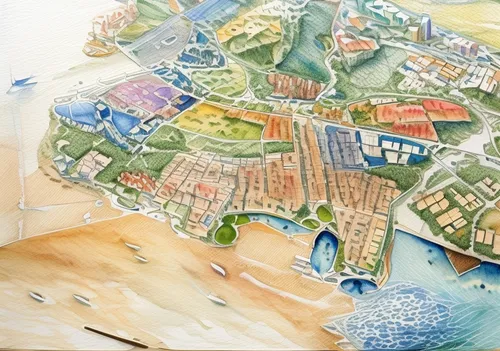 aerial landscape,aerial view umbrella,dubrovnik city,watercolor background,willemstad,watercolor painting,cartography,watercolor paper,panoramical,watercolor,water courses,escher village,hanseatic city,townscape,watercolor sketch,overhead view,water color,colmar city,watercolour,delft