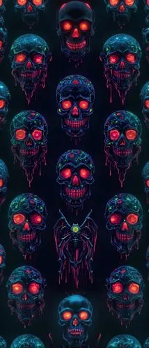 an abstract background consisting of multiple skulls with glowing red eyes and one head,halloween background,bandana background,halloween wallpaper,sprites,neon ghosts,majora