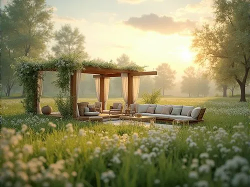 garden bench,outdoor furniture,home landscape,daybed,garden furniture,summer cottage,idyll,garden swing,meadow landscape,chair in field,summer house,landscape background,daybeds,landscaped,3d rendering,patio furniture,chaise lounge,summerhouse,porch swing,idyllic,Photography,General,Realistic