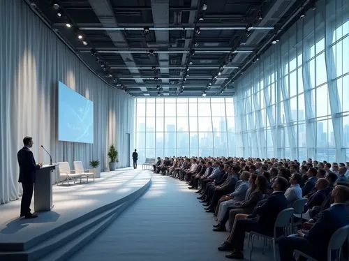 Modern conference hall, grand architecture, sleek lines, high ceiling, fiberglass panels, silver metallic frames, transparent glass walls, minimalist decor, spotlights shining down, soft carpet floori