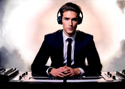 Spooky composer, male, solo, (30yo), mysterious gaze, pale skin, dark circles under eyes, black suit, white shirt, black tie, messy hair, headphones, microphone, mixing console, dimly lit studio, fogg