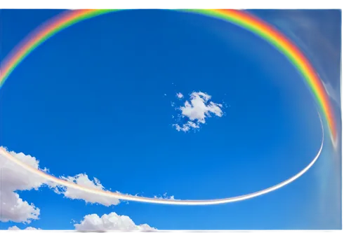 Vibrant rainbow, colorful arc shape, gradient colors, soft focus, white clouds, blue sky, 3/4 composition, panoramic view, warm lighting, dreamy atmosphere, gentle wispy clouds, feathery texture.,raim