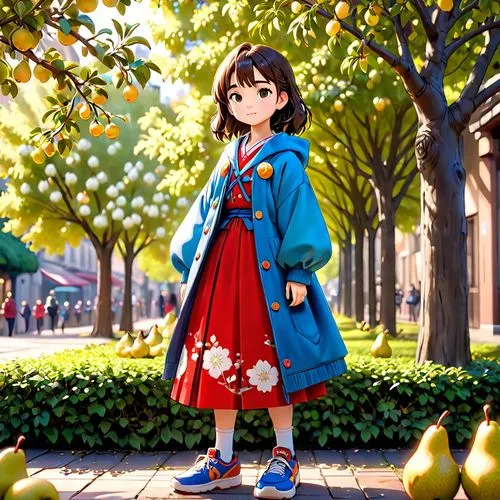 japanese style, manga, realistic,girl,pears tree,an anime character stands in front of pears and orange trees,anime japanese clothing,kumiko,hanbok,megumi,haruhi suzumiya sos brigade,haruhi,Anime,Anim