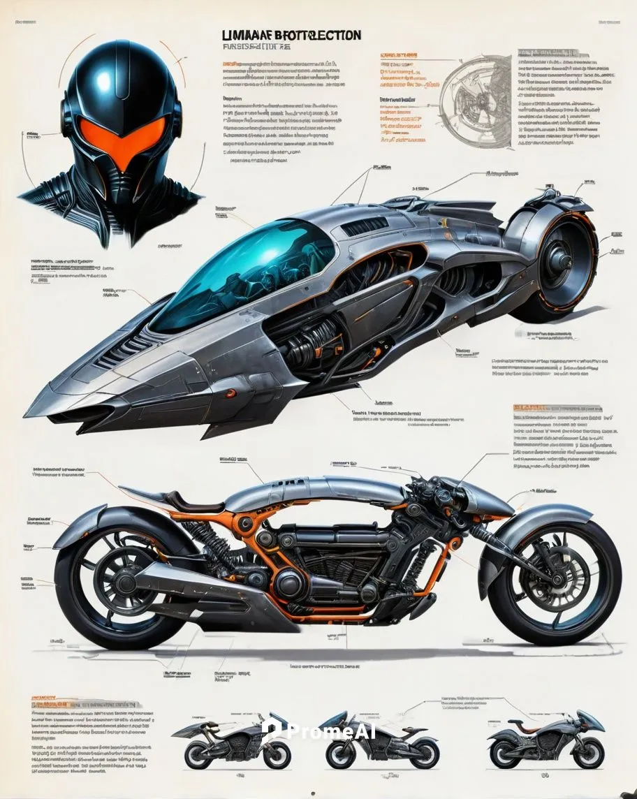 Architecture Sketch (industrial design of a futuristic lunar motorcycle inspired by the movie Batman mix Mad Max, powered by General motors and Lockheed martin, with notes on materials and measurement