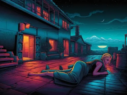 guybrush,game illustration,night scene,sci fiction illustration,scummvm,castlevania,meteora,dusk background,escapism,digital illustration,oscura,cyberpunk,world digital painting,chirico,dusk,pixel art