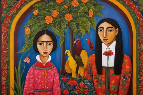 parrot couple,folk art,khokhloma painting,indigenous painting,adam and eve,young couple,man and wife,two people,man and woman,holy family,indian art,loosestrife and pomegranate family,peruvian women,arrowroot family,the annunciation,chiapas,bird couple,songbirds,oil painting on canvas,forest workers,Illustration,Abstract Fantasy,Abstract Fantasy 12