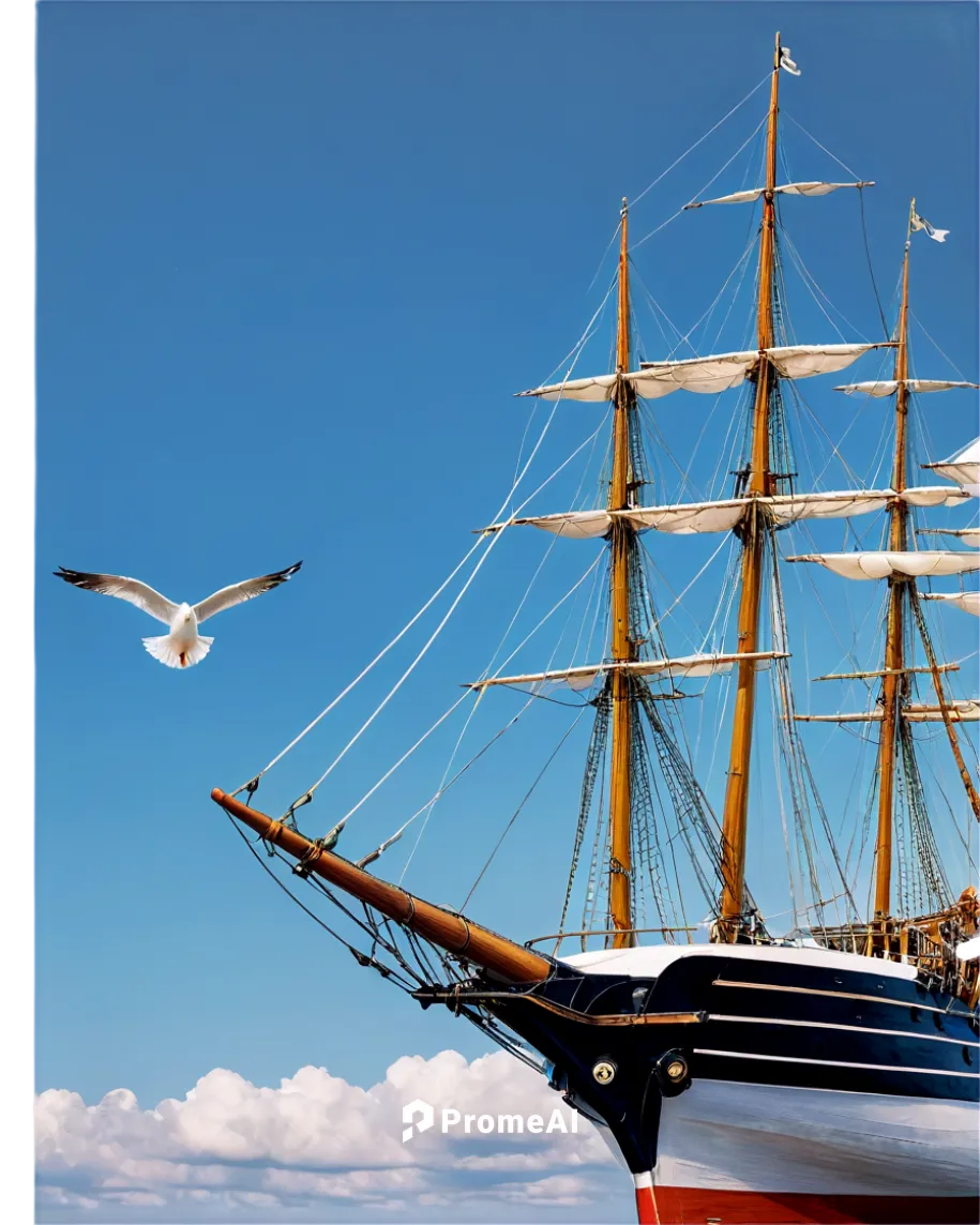 Large sailing vessel, majestic stern, billowing white sails, intricate rigging, wooden hull with brass fixtures, portholes, anchor at bow, seagulls flying overhead, sunny day, few clouds, 3/4 composit