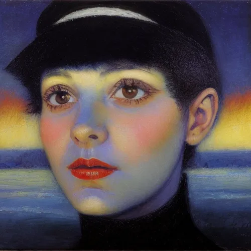 girl wearing hat,portrait of a girl,beret,child portrait,breton,girl portrait,mystical portrait of a girl,policewoman,pierrot,black hat,young woman,woman's hat,artist portrait,oil chalk,yuri gagarin,girl on the boat,the blue eye,la violetta,art deco woman,stewardess,Calligraphy,Painting,Surrealism