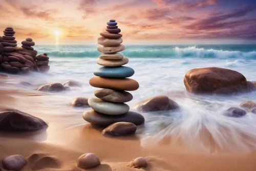 Picture a peaceful beach with a stack of rocks symbolizing harmony and stability.,rock stacking,stacking stones,stacked rocks,balanced pebbles,stack of stones,stacked rock,rock balancing,stone balanci