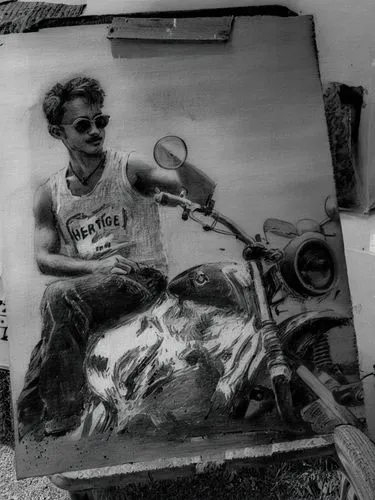 Make it a detailed, black-and-white charcoal or pencil drawing of a man.

The image shows a young man sitting on a motorcycle. He is wearing sunglasses and a sleeveless white tank top with the text "H