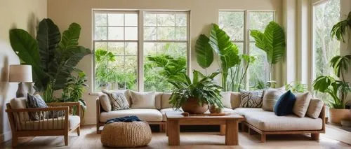 Cozy living room, modern minimalist style, mature lady, 30s, casual wear, relaxed pose, surrounded by lush greenery, multiple potted plants, fiddle leaf fig, snake plant, spider plant, hanging ferns, 