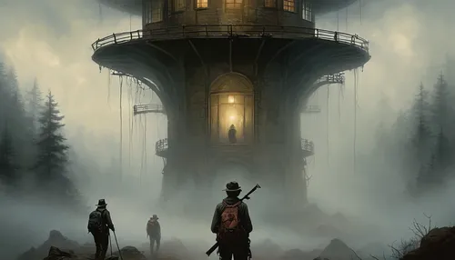 Write a suspenseful scene where a rotating beacon guides a lost hiker through a dense fog.,watertower,water tower,watchtower,diving bell,lighthouse,sci fiction illustration,beacon,lookout tower,red li