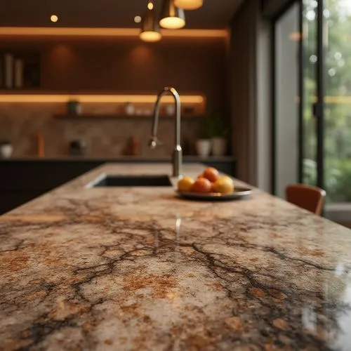 Luxurious modern interior, polished granite countertops, rich earthy tones, natural stone textures, elegant kitchen island, high-gloss cabinetry, sophisticated pendant lighting, warm ambient atmospher