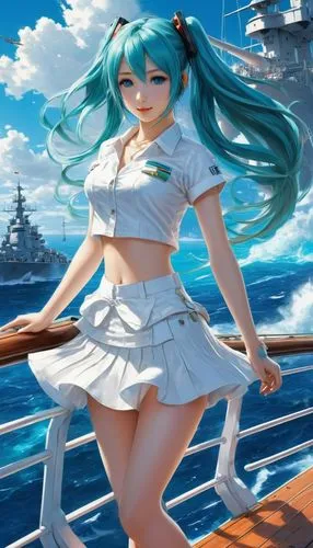 at sea,naval,kinugasa,hatsune miku,mikuriya,delta sailor,yamato,hms,ocean background,kantai collection sailor,hatsune,sea fantasy,on ship,yachtswoman,hina,miku,on a yacht,warships,takao,hmas,Conceptual Art,Fantasy,Fantasy 12