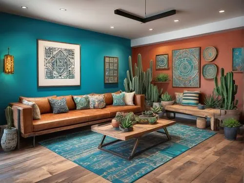 contemporary decor,teal and orange,modern decor,interior decor,homeadvisor,boho art style,turquoise leather,interior design,color turquoise,home interior,interior decoration,apartment lounge,family room,living room,patterned wood decoration,decors,interior modern design,turquoise wool,decor,livingroom,Unique,Design,Blueprint