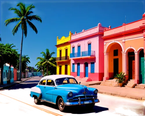 Cuban landscape, colorful colonial buildings, vibrant street art, old American cars, tropical palm trees, sunny weather, bright blue sky, 3/4 composition, shallow depth of field, warm color tone, cine