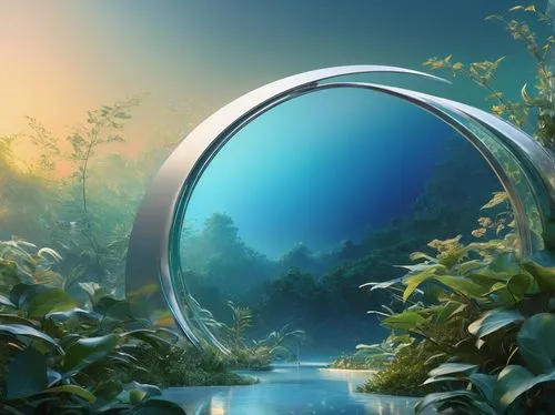 stargate,futuristic landscape,semi circle arch,fantasy landscape,portals,rainbow bridge,round arch,torus,parabolic mirror,3d fantasy,virtual landscape,crescent spring,futuristic architecture,porthole,fantasy picture,circle shape frame,arch,arc,fairy world,alien world,Conceptual Art,Fantasy,Fantasy 05