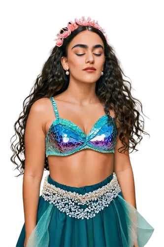 Shimmering scales, iridescent glitter, flowy fins, seaweed wrapped around waist, pearl necklace, flowing locks, ocean-inspired makeup, underwater scene, soft focus, warm lighting, pastel colors, dream