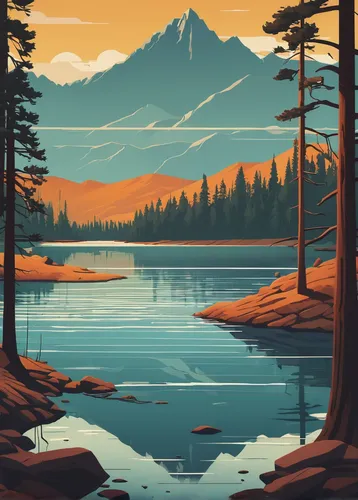 trillium lake,travel poster,mountainlake,mountain lake,high mountain lake,alaska,montana,vermilion lakes,mountain sunrise,rainier,evening lake,tahoe,vector illustration,vector graphic,lassen volcanic national park,lake,landscape background,mountains,mount hood,alpine lake,Illustration,Vector,Vector 05