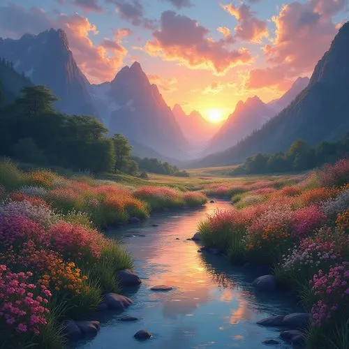 mountain sunrise,fantasy landscape,landscape background,world digital painting,nature landscape,meadow in pastel,Photography,General,Realistic