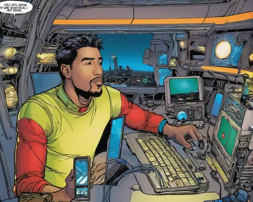 flight engineer,tony stark,star-lord peter jason quill,man with a computer,cable innovator,cockpit,computer workstation,cable salad,earth station,disc jockey,space bar,lando,spaceship space,topspin,cybernetics,wearables,computer,the server room,brainy,technician,Illustration,American Style,American Style 01