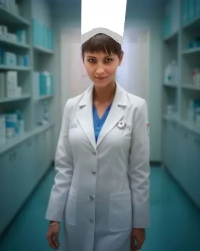 Медсестра в медицинском белом халате В Полный Рост.,a young woman wearing a lab coat and standing in front of a medicine shelf,pharmacopeia,female doctor,pharmacist,pharmacologist,female nurse,ginnife