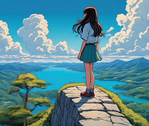 studio ghibli,the horizon,dream world,akko,would a background,sakura background,background image,landscape background,overlook,wonder,earth rise,world end,sky,world wonder,summer sky,wonderland,blue sky clouds,background images,skyland,blue sky,Illustration,Paper based,Paper Based 01