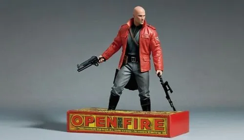 Action figure toy infographics, Label that says "Open Fire" on display box, Comic book style, ,a figure stands on top of a box,actionfigure,action figure,opm,collectible action figures,banpresto,opdyk