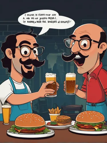 Create a funny dialogue between two friends arguing about who makes the best burger: Booty's Wings, Burgers, or Beer.,glasses of beer,burgers,grilled food sketches,hamburger set,two types of beer,beer