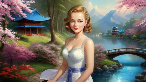 Romantic masterpiece oil painting, cute girl portrait, nostalgic 1950's style kitsch, beautiful exotic rural vast Japanese landscape, cherry blossom scenery, Shinto Japanese sakura, flower petals, by 