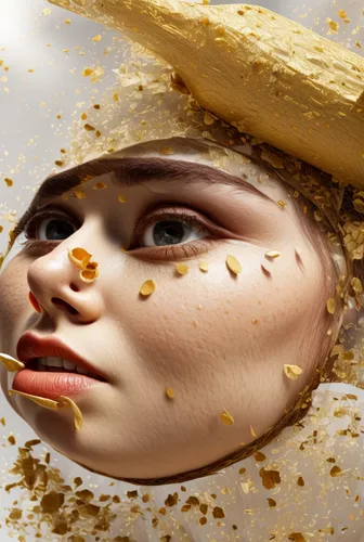 broken pasta,mary-gold,gold paint stroke,woman's face,gold leaf,girl with bread-and-butter,gilding,capsule-diet pill,head of garlic,gold foil mermaid,food styling,tears bronze,gold foil laurel,woman holding pie,butter melting,dried-lemon,gold mask,woman sculpture,food collage,woman face