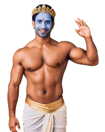 Lord Krishna, Indian mythology, handsome face, blue skin tone, crown jewels, pearl necklace, yellow dhoti, golden belt, bare chest, muscular arms, holding conch shell, right hand raised in blessing, s