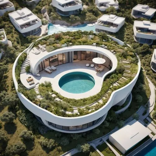 terraces,ecovillages,resort,floating island,oasis,roof landscape,Unique,3D,Panoramic