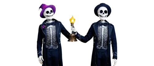 Jack the Skeleton, Halloween character, solo, standing, smiling, bony fingers, black empty eye sockets, white skull, purple hat, black coat with golden buttons, holding a lantern, spooky atmosphere, d