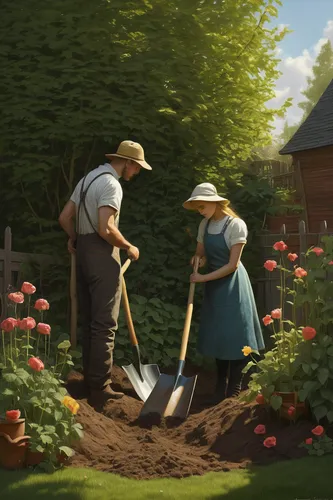 garden work,planting,gardening,work in the garden,picking flowers,flowers in wheel barrel,autumn chores,gardener,old country roses,farming,farmers,clove garden,flower bed,rosebushes,to the garden,cottage garden,farmer,landscaping,digging,flower delivery,Illustration,Realistic Fantasy,Realistic Fantasy 44