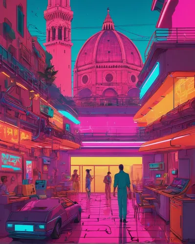 colorful city,pink city,cyberpunk,arcade,cityscape,arcades,vapor,bangkok,80's design,fantasy city,aesthetic,vittoriano,neon arrows,metropolis,passage,urban,tokyo city,digital,tokyo,mexico city,Conceptual Art,Sci-Fi,Sci-Fi 27