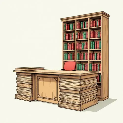 Create a reception desk in the shape of a stack of large books, with a detailed and realistic appearance. The desk should feature compartments of various sizes for storing books, some of which are cov