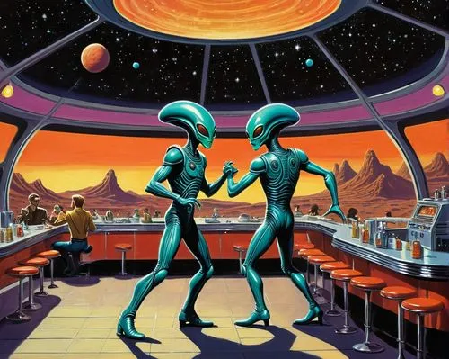 extraterrestrial life,ufos,dinner for two,aliens,ufo interior,sci fiction illustration,diner,science fiction,extraterrestrial,romantic dinner,science-fiction,alien invasion,date night,alien planet,et,close encounters of the 3rd degree,alien world,dining,lost in space,astronomers,Conceptual Art,Sci-Fi,Sci-Fi 20