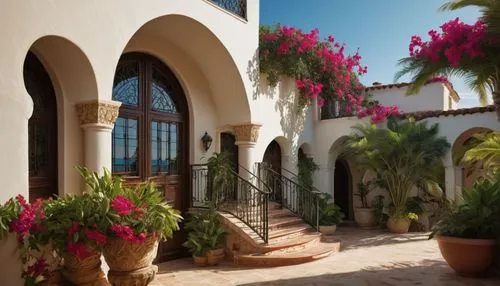 Mediterranean villa, white stone walls, curved arches, ornate iron gates, terracotta roof tiles, lush greenery, palm trees, bougainvillea flowers, outdoor staircase, intricate mosaics, wooden doors wi