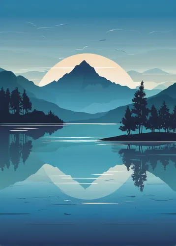 Describe a tranquil evening by the serene lake.,lake tanuki,landscape background,evening lake,mountainlake,mountain lake,japan landscape,fuji,hokkaido,blue painting,calm water,loch,japanese mountains,