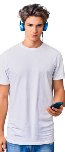 Young adult, male, messy hair, casual wear, ripped jeans, white t-shirt, black headphones, intense facial expression, holding a smartphone, downloading icon on screen, bright blue light, dark backgrou