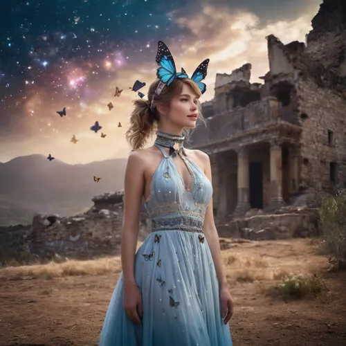 mazarine blue butterfly,blue butterfly background,blue butterfly,faerie,lindsey stirling,fantasy picture,fairy queen,hesperia (butterfly),blue enchantress,faery,digital compositing,photo manipulation,