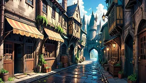 medieval street,fantasy city,3d fantasy,hamelin,narrow street,medieval town,old linden alley,alleyway,fantasy world,knight village,hogwarts,medieval architecture,the cobbled streets,old town,fantasy landscape,alley,aurora village,wooden houses,fantasy art,fantasy picture,Anime,Anime,Realistic